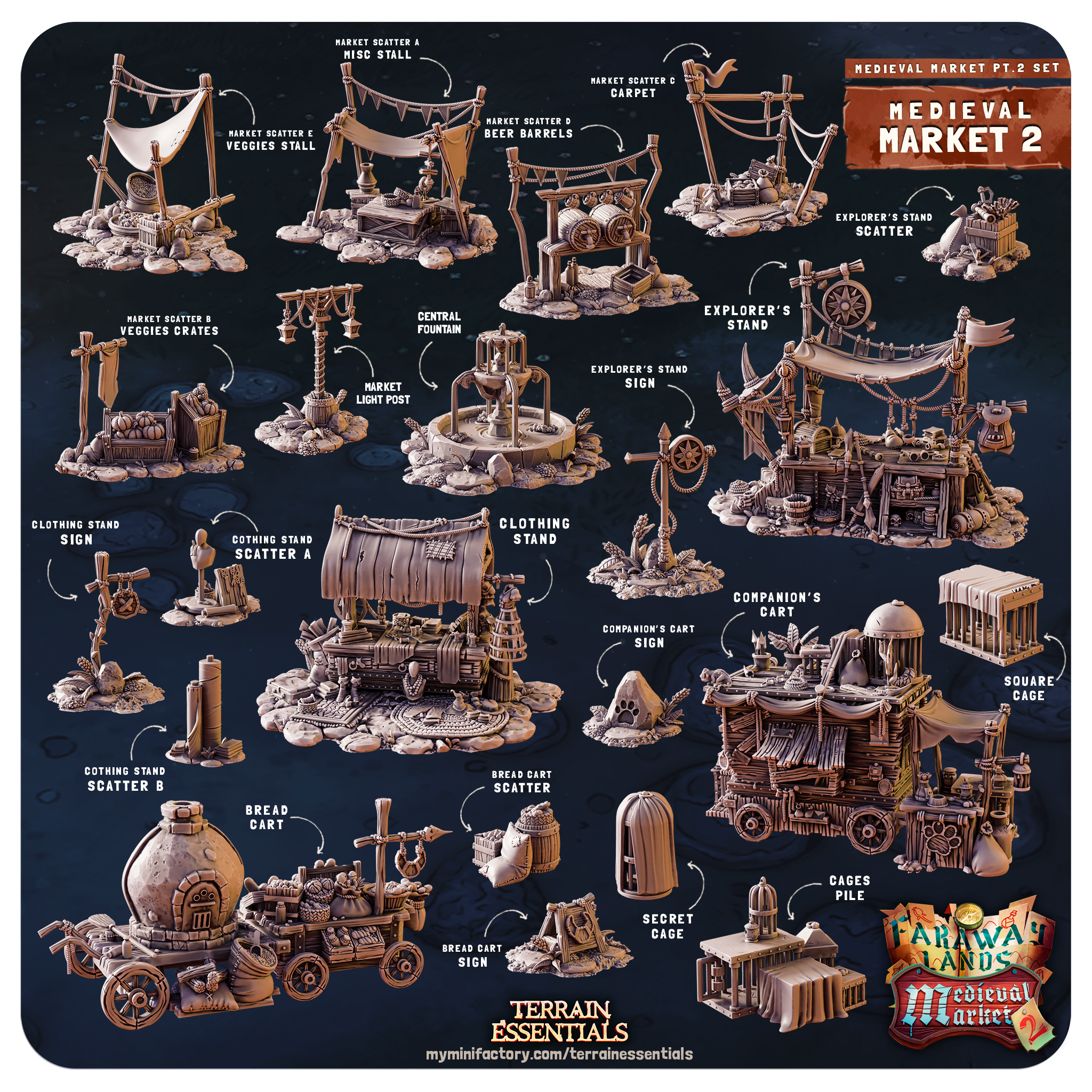 3D Printed Cast n Play Medieval Market 2 Terrain Set 28mm 32mm D&D (Online Only)