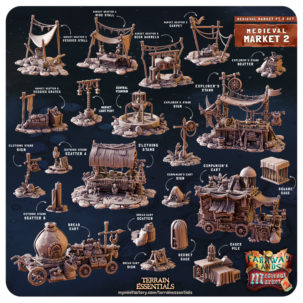 3D Printed Cast n Play Medieval Market 2 Terrain Set 28mm 32mm D&D (Online Only)