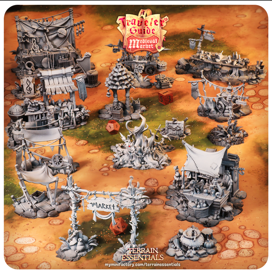 3D Printed Cast n Play Medieval Market Terrain Set 28mm 32mm D&D (Online Only)