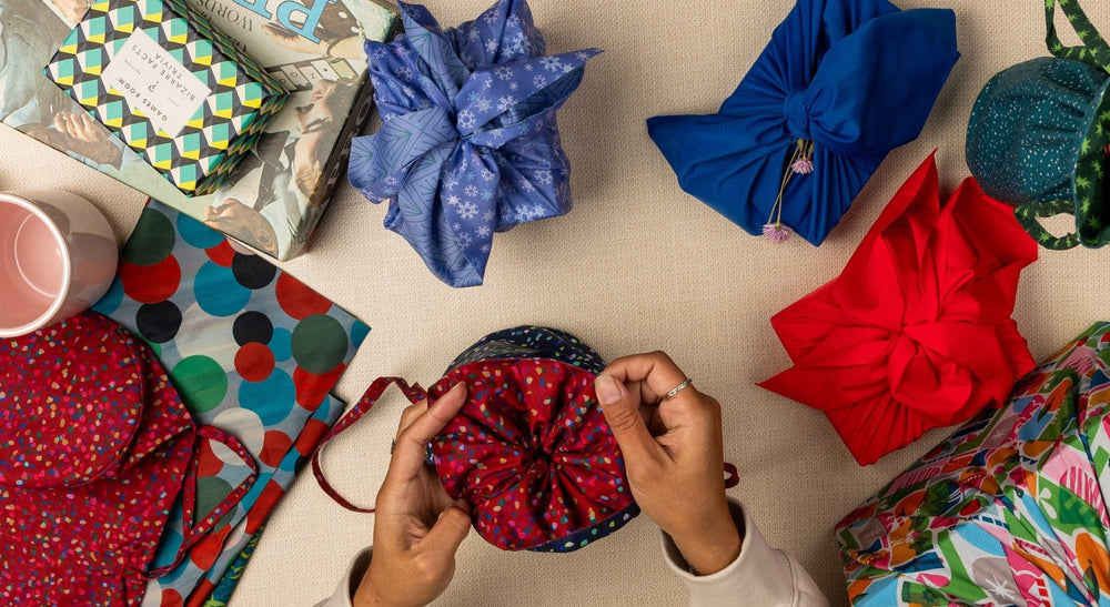 Medium Reusable Fabric Gift Bag | Blue & Red Confetti (ONLINE ORDER ONLY)