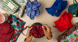 Medium Reusable Fabric Gift Bag | Blue & Red Confetti (ONLINE ORDER ONLY)
