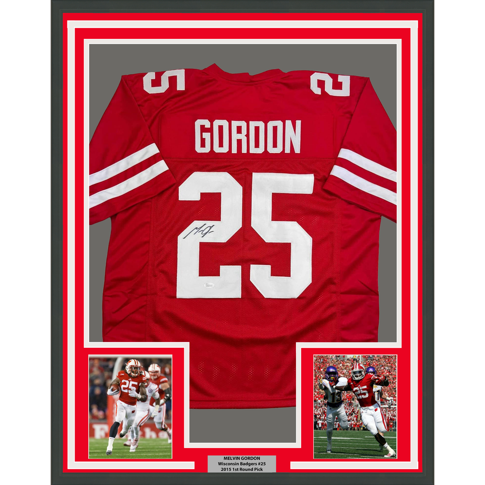 Framed Autographed/Signed Melvin Gordon 35x39 Wisconsin Red College Football Jersey JSA COA