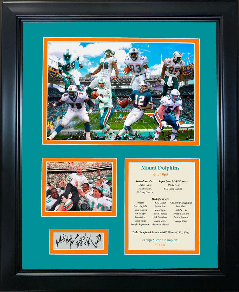 Framed Miami Dolphins All-Time Greats Facsimile Laser Engraved Signature Auto 11"x14" Football Photo Sig Collage (ONLINE ORDER ONLY)