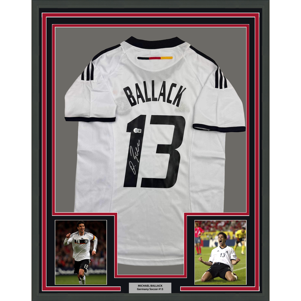 Framed Autographed/Signed Michael Ballack 35x39 Germany White Soccer World Cup Jersey Beckett BAS COA