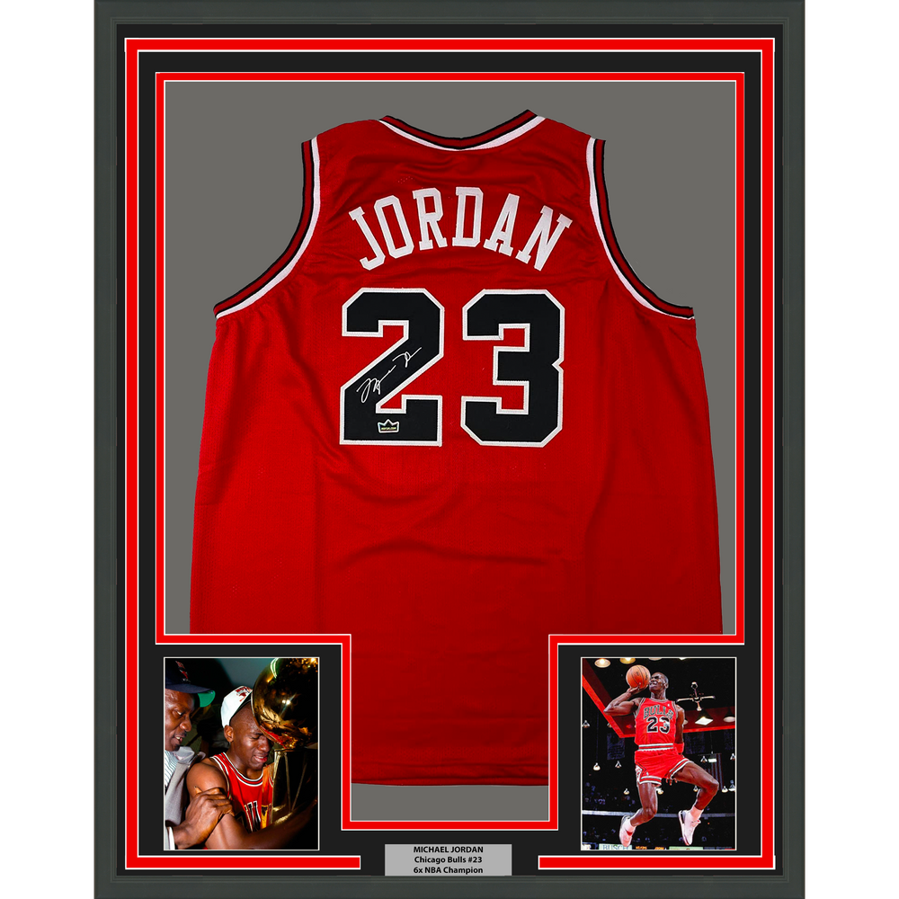 Framed Facsimile Autographed Michael Jordan 35x39 Chicago Red Reprint Laser Auto Basketball Jersey (ONLINE ORDER ONLY)