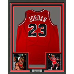 Framed Facsimile Autographed Michael Jordan 35x39 Chicago Red Reprint Laser Auto Basketball Jersey (ONLINE ORDER ONLY)