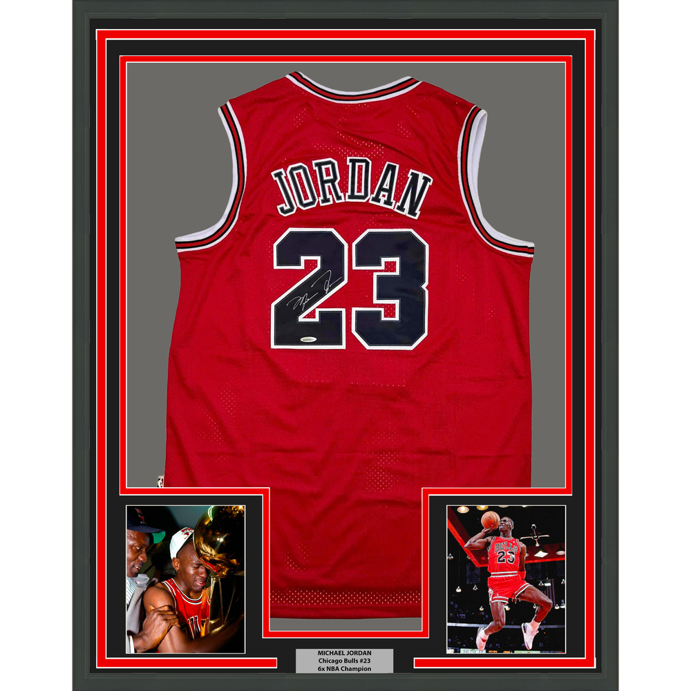 Framed Autographed/Signed Michael Jordan 35x39 Chicago Red Basketball Jersey Upper Deck UDA COA