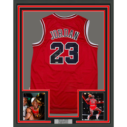 Framed Autographed/Signed Michael Jordan 35x39 Chicago Red Basketball Jersey Upper Deck UDA COA
