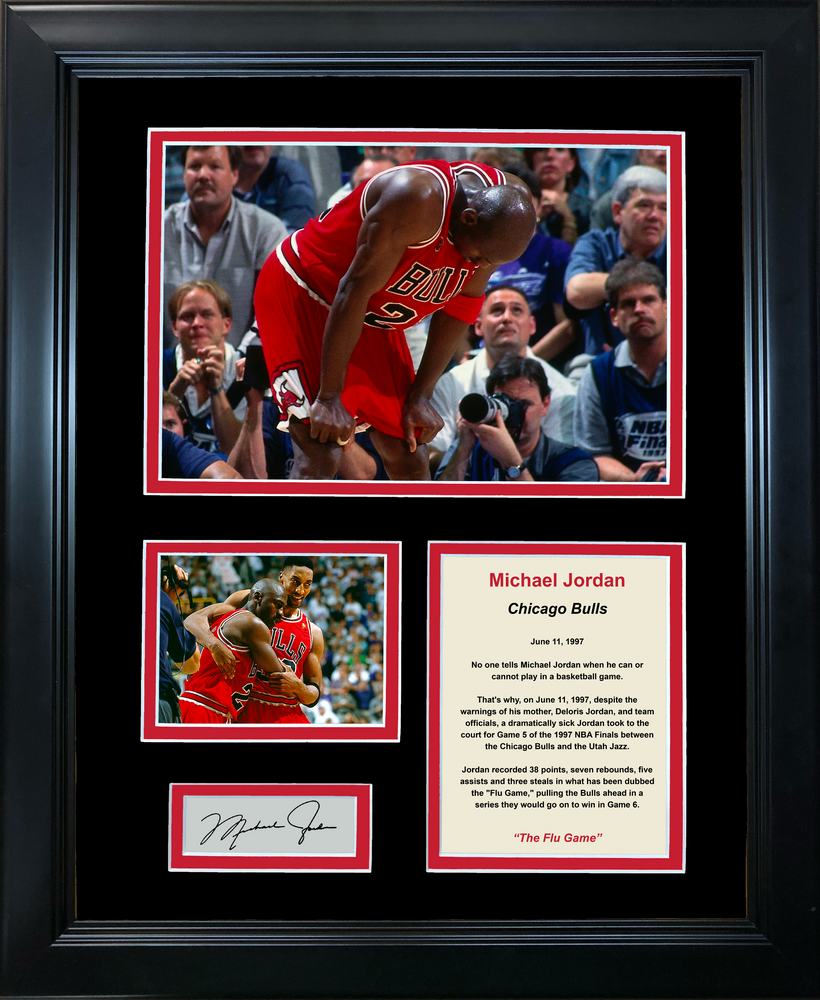Framed Michael Jordan Flu Game Facsimile Laser Engraved Signature Auto Chicago Bulls Basketball 11"x14" Photo Sig Collage (ONLINE ORDER ONLY)