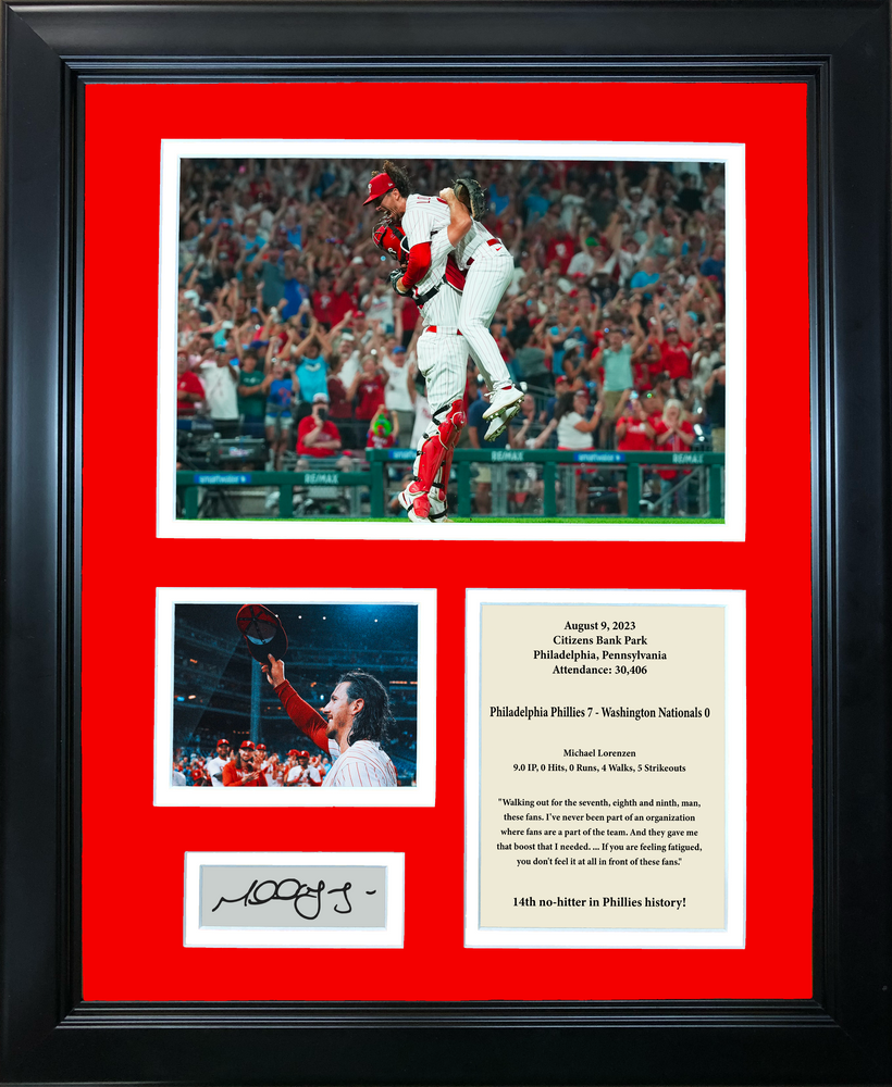Framed Michael Lorenzen 2023 No-Hitter Philadelphia Phillies Facsimile Laser Engraved Signature Auto 11"x14" Baseball Photo Sig Collage (ONLINE ORDER ONLY)