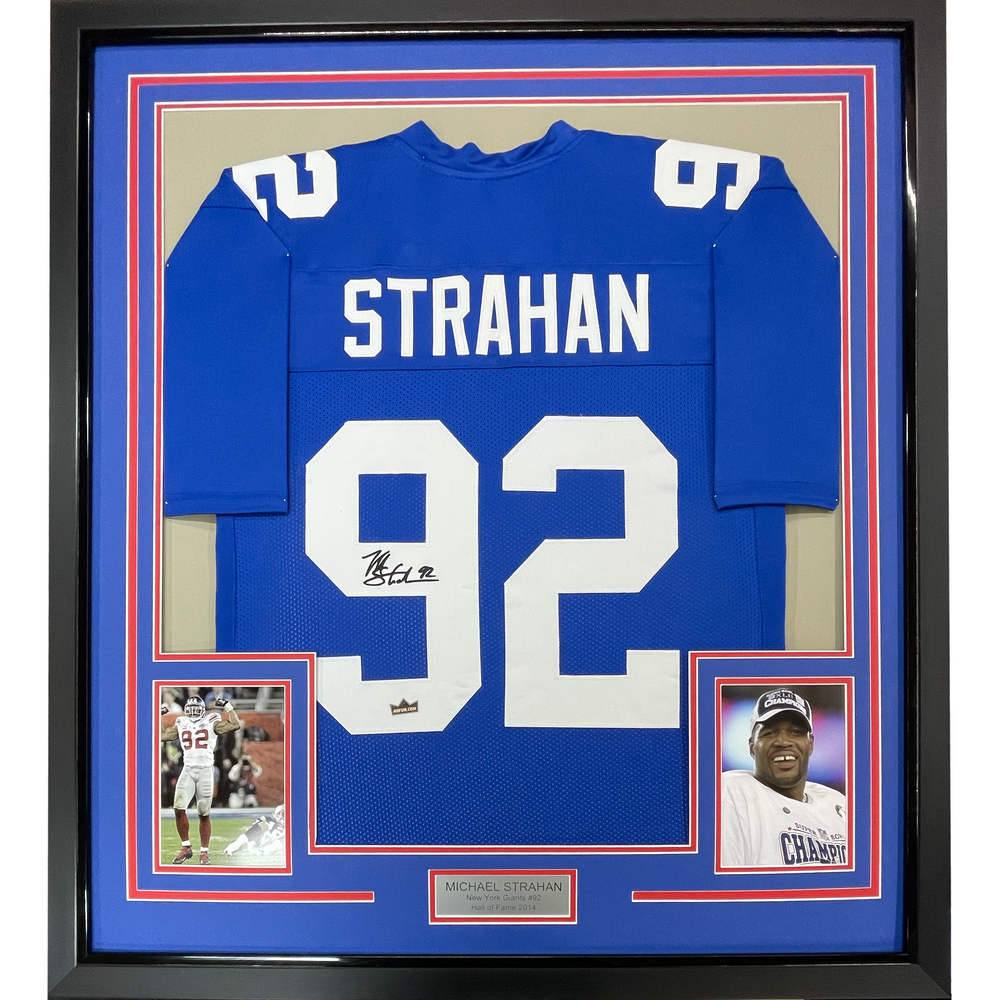 Framed Facsimile Autographed Michael Strahan New 35x39 York Blue Reprint Laser Auto Football Jersey (ONLINE ORDER ONLY)