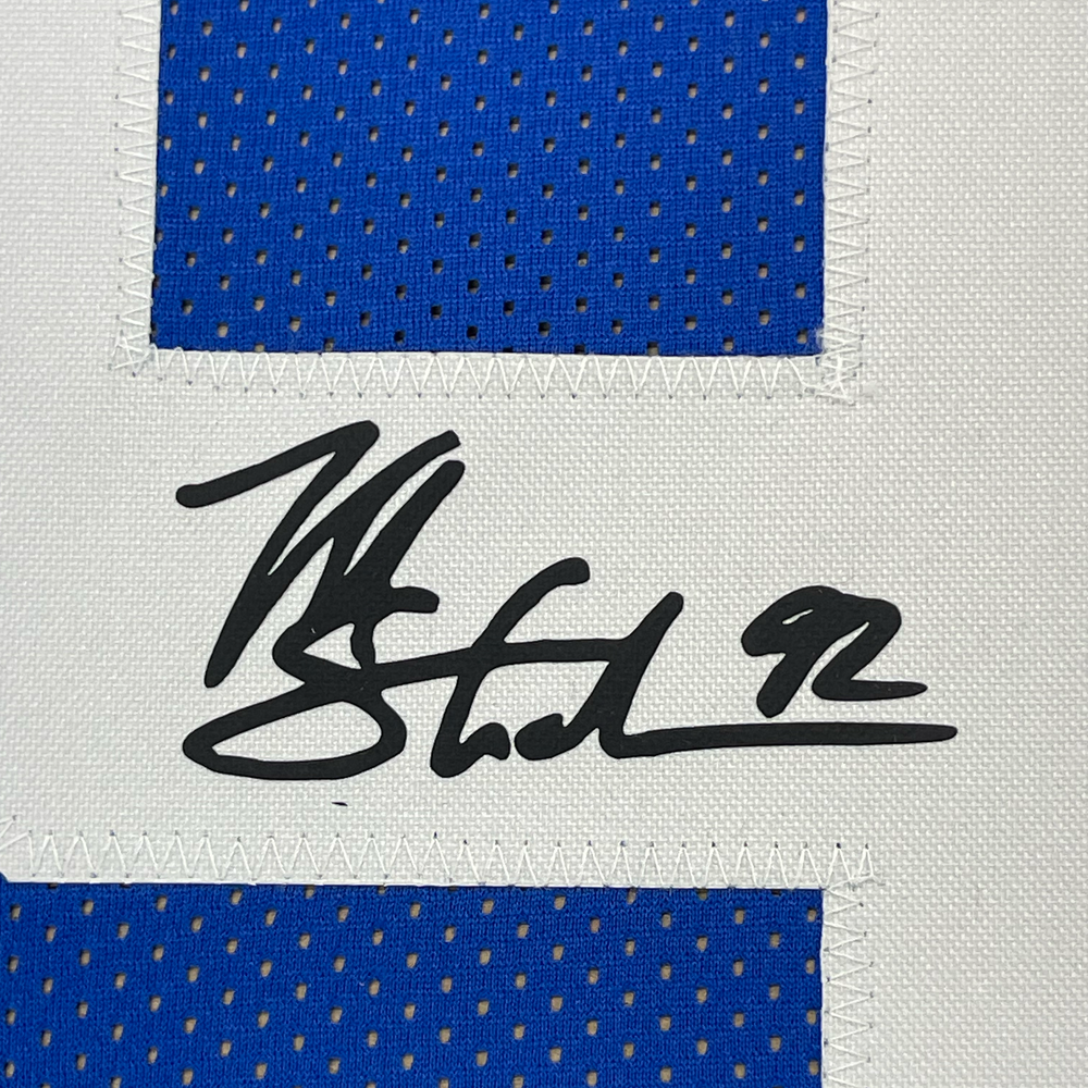 Framed Facsimile Autographed Michael Strahan New 35x39 York Blue Reprint Laser Auto Football Jersey (ONLINE ORDER ONLY)