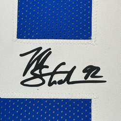 Framed Facsimile Autographed Michael Strahan New 35x39 York Blue Reprint Laser Auto Football Jersey (ONLINE ORDER ONLY)