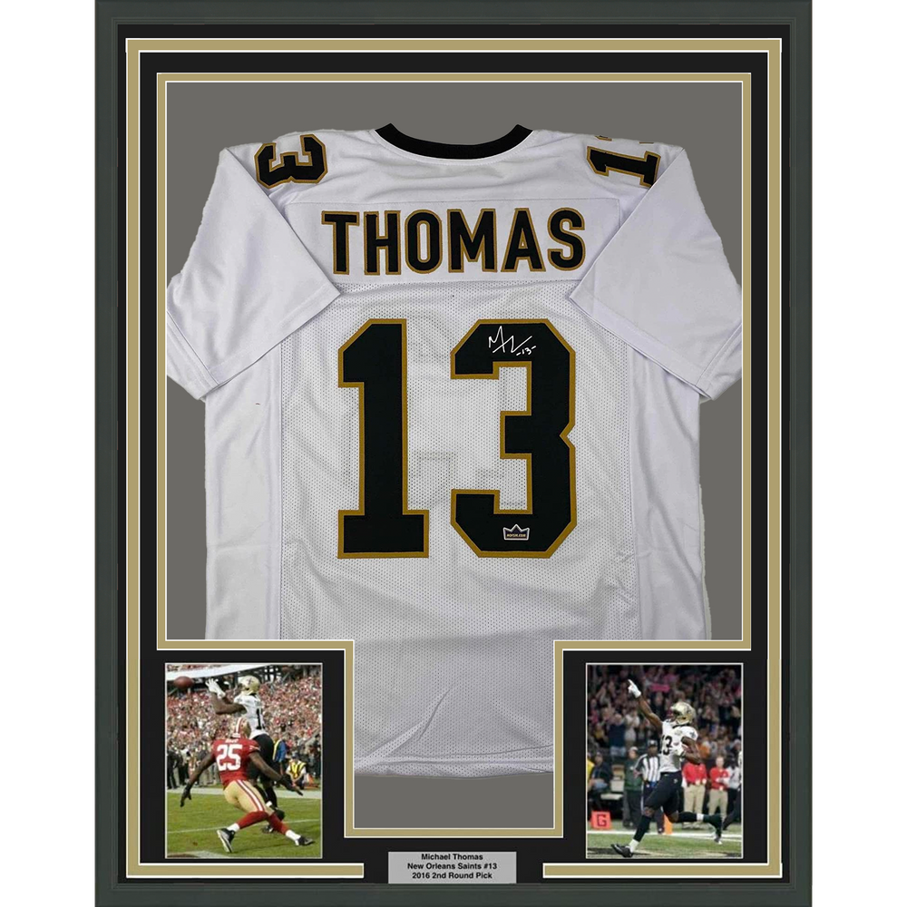Framed Facsimile Autographed Michael Thomas 35x39 New Orleans White Reprint Laser Auto Football Jersey Size Men's XL (ONLINE ORDER ONLY)