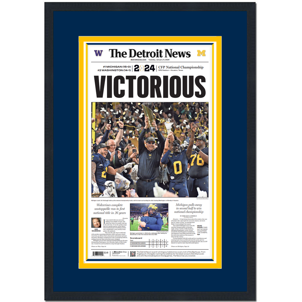 Framed The Detroit News Michigan Wolverines Victorious 2023 NCAA CFP National Champions 14x23 Newspaper Cover Photo Professionally Matted V1 (ONLINE ORDER ONLY)