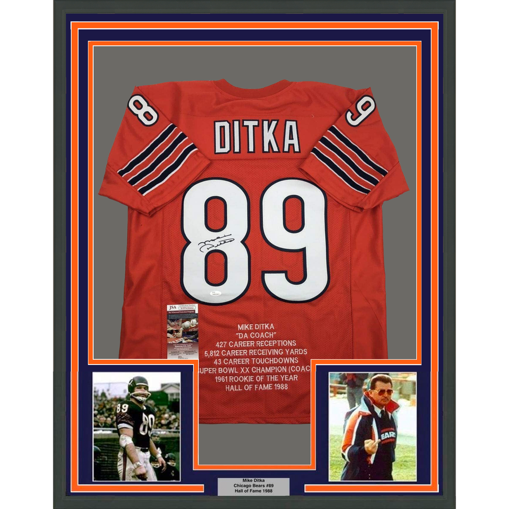 Framed Autographed/Signed Mike Ditka 35x39 Chicago Orange Stat Football Jersey JSA COA