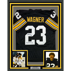 Framed Autographed/Signed Mike Wagner 35x39 4x SB Champ Pittsburgh Black Football Jersey JSA COA