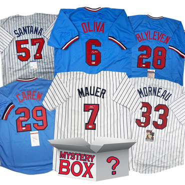 Autographed/Signed Minnesota Baseball Jersey Mystery Box with PSA JSA or Beckett COA (ONLINE ORDER ONLY)