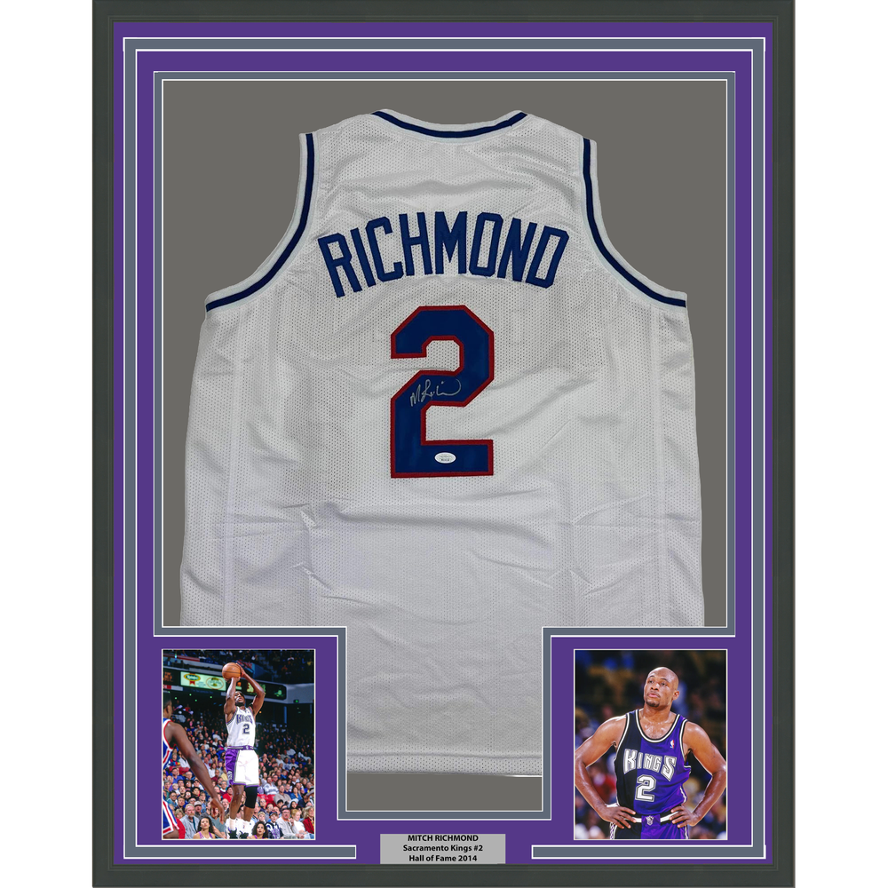 Framed Autographed/Signed Mitch Richmond 35x39 Sacramento White Basketball Jersey JSA COA (ONLINE ORDER ONLY)