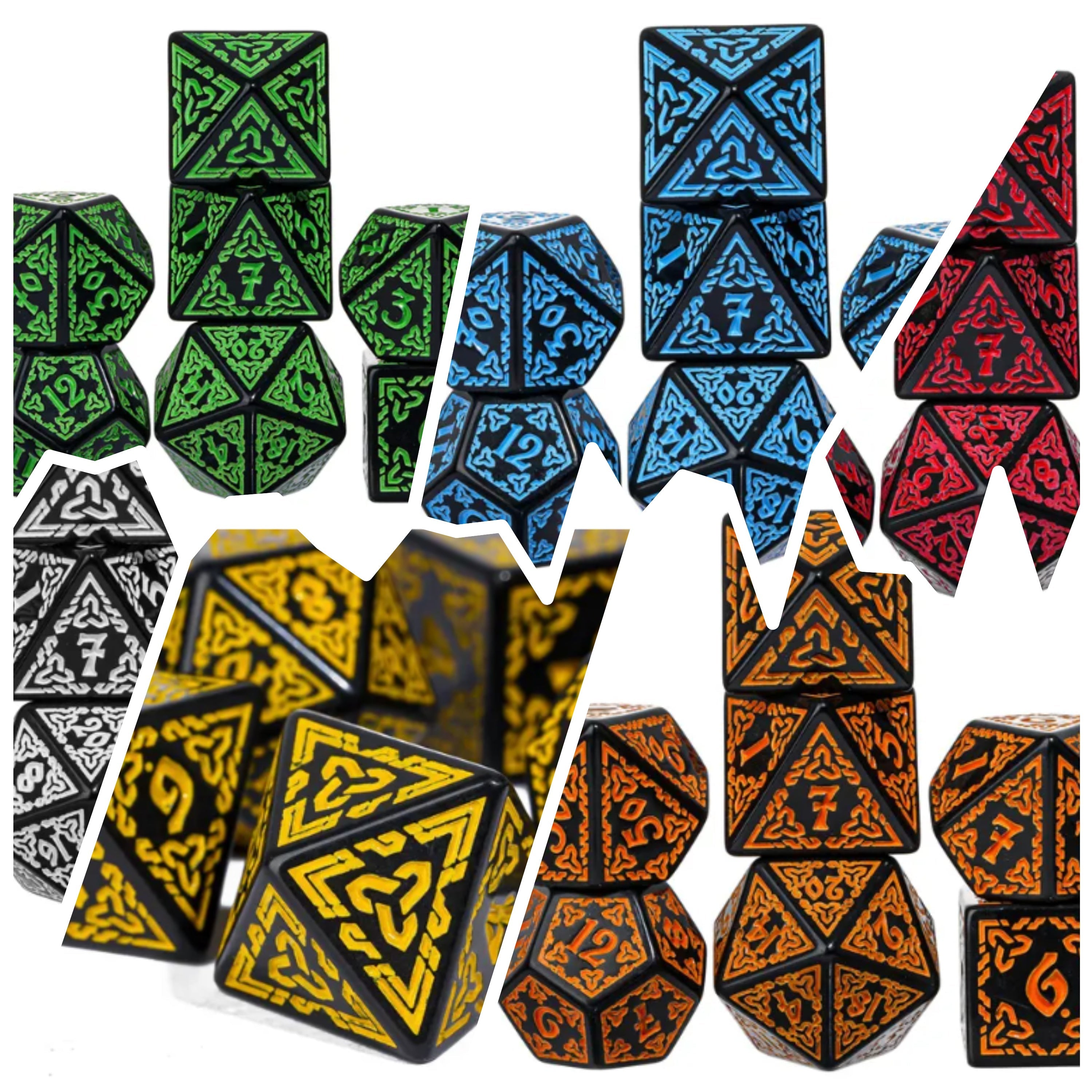 Celtic Knot Dice 7-Dice Set DND RPG Dice Druidic | White, Red, Orange, Yellow. Green, Blue (Online Only)