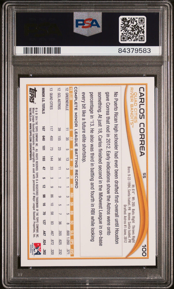 2014 TOPPS PRO DEBUT CARLOS CORREA NO NMBR ON JERSEY FRONT #100 - PSA 10 ROOKIE CARD (Online Order Only)