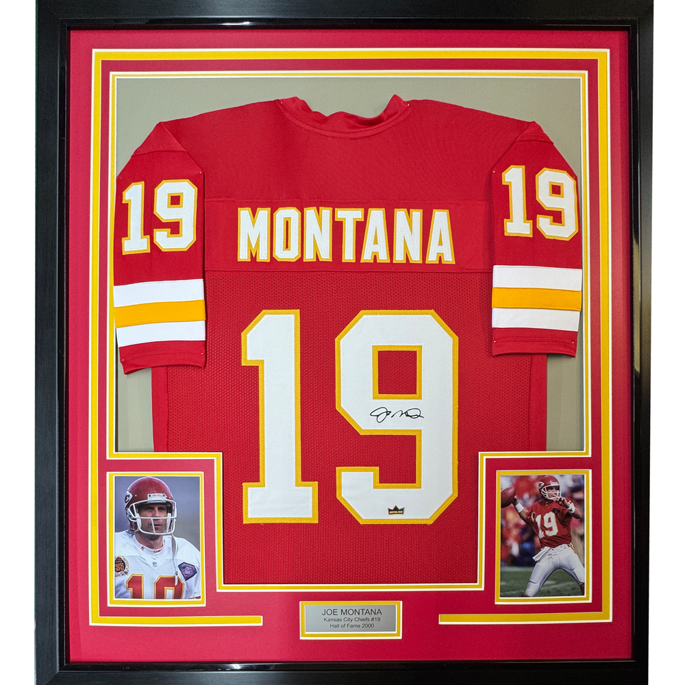 Framed Facsimile Autographed Joe Montana 35x39 Kansas City Red Reprint Laser Auto Football Jersey (ONLINE ORDER ONLY)