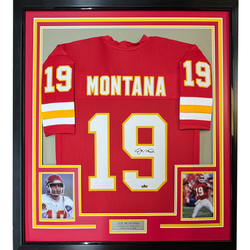 Framed Facsimile Autographed Joe Montana 35x39 Kansas City Red Reprint Laser Auto Football Jersey (ONLINE ORDER ONLY)