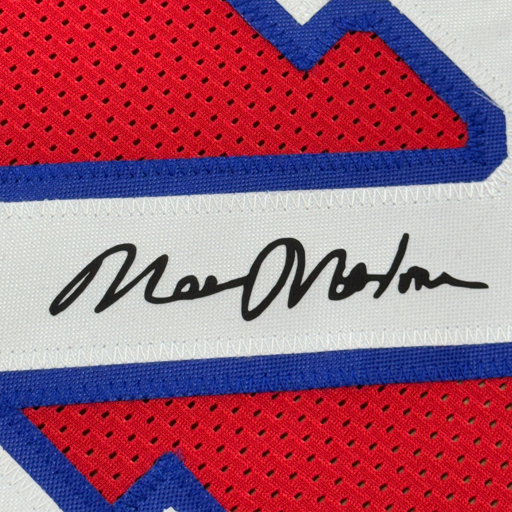 Framed Facsimile Autographed Moses Malone 35x39 Philadelphia Red Reprint Laser Auto Basketball Jersey (ONLINE ORDER ONLY)