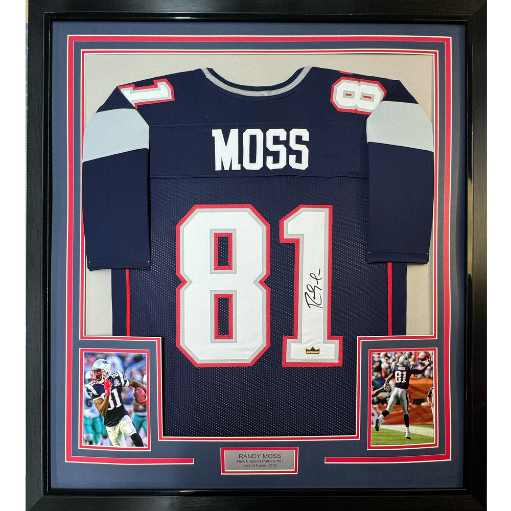 Framed Facsimile Autographed Randy Moss 35x39 New England Blue Reprint Laser Auto Football Jersey (ONLINE ORDER ONLY)