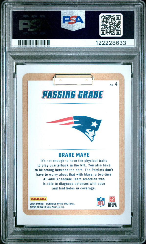 Graded 2024 Panini Donruss Optic Drake Maye #4 Passing Grade Rookie RC Football Card PSA 9 Mint (ONLINE ORDER ONLY)