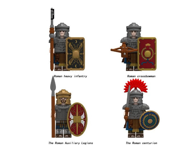 Set of 4 Roman army minifigures including heavy infantry, crossbowman, auxiliary legionary, and Roman centurion with shields and helmets, LEGO-compatible (ONLINE ORDER ONLY)
