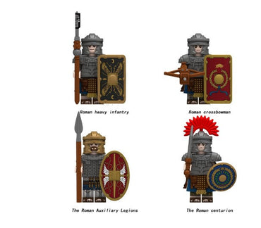 Set of 4 Roman army minifigures including heavy infantry, crossbowman, auxiliary legionary, and Roman centurion with shields and helmets, LEGO-compatible (ONLINE ORDER ONLY)