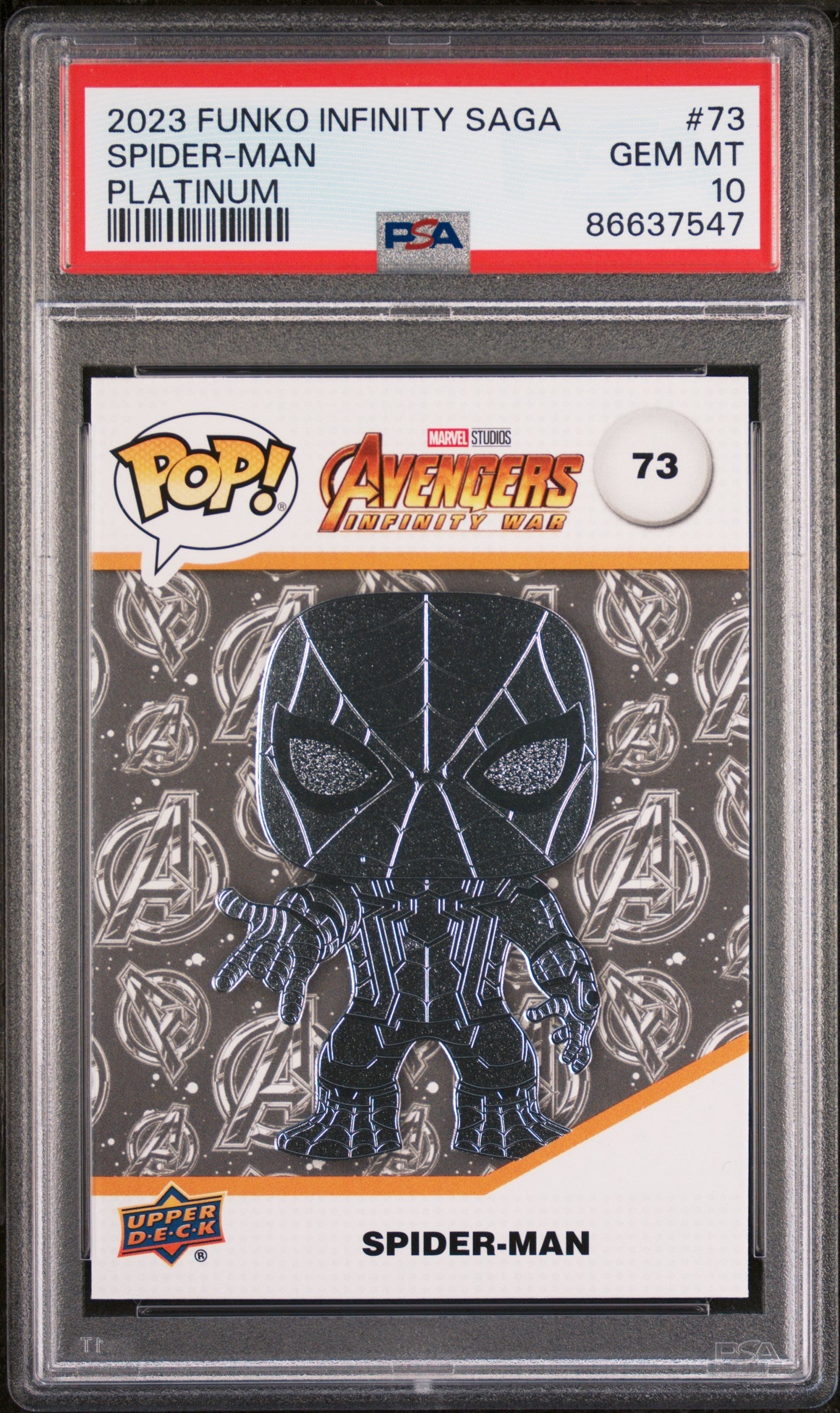 2023 UPPER DECK FUNKO POP MARVEL  SPIDERMAN PLATINUM #73  PSA 10 (Online Order Only)