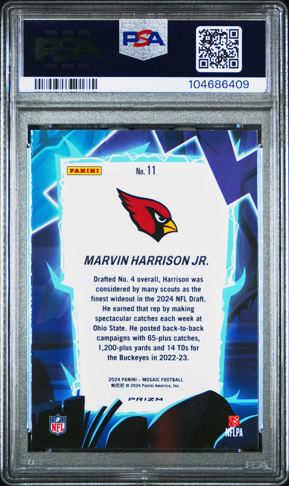 Graded 2024 Panini Mosaic Marvin Harrison Jr #11 Storm Silver Rookie RC Football Card PSA 10 Gem Mint (ONLINE ORDER ONLY)