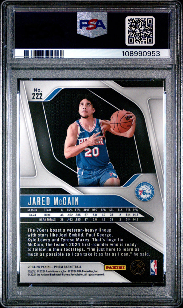 Graded 2024 Panini Prizm Jared McCain #222 Rookie RC Basketball Card PSA 10 Gem Mint (ONLINE ORDER ONLY)