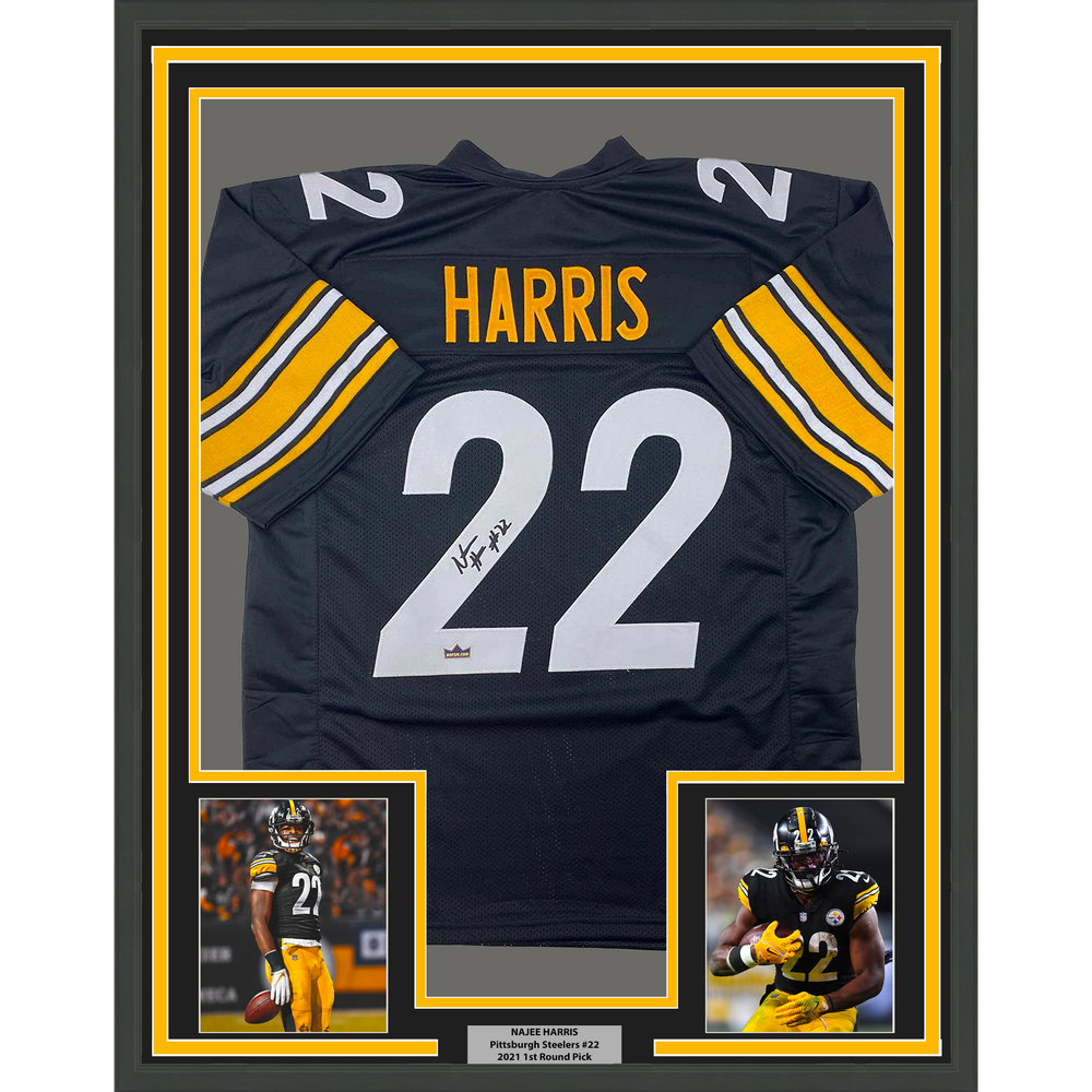 Framed Facsimile Autographed Najee Harris 35x39 Pittsburgh Black Reprint Laser Auto Football Jersey (ONLINE ORDER ONLY)
