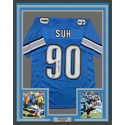 Framed Autographed/Signed Ndamukong Suh 35x39 Detroit Blue Football Jersey Beckett BAS COA