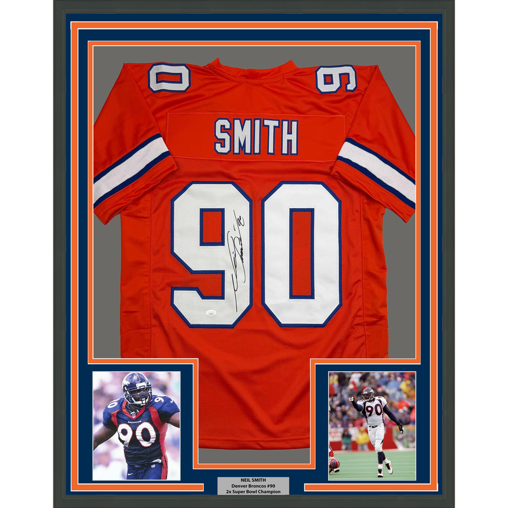 Framed Autographed/Signed Neil Smith 35x39 Denver Retro Orange Football Jersey JSA COA