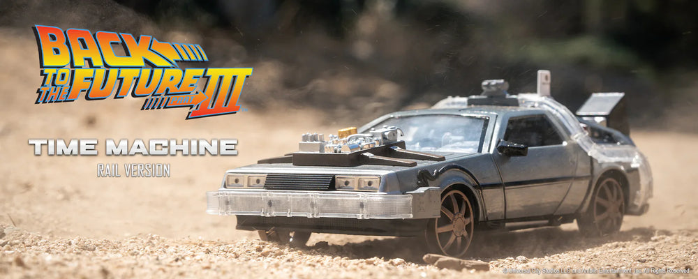 Back to the Future Part III (rail version) die-cast 1:24 scale "Hollywood Rides" light-up DeLorean Time Machine (ONLINE ORDER ONLY)