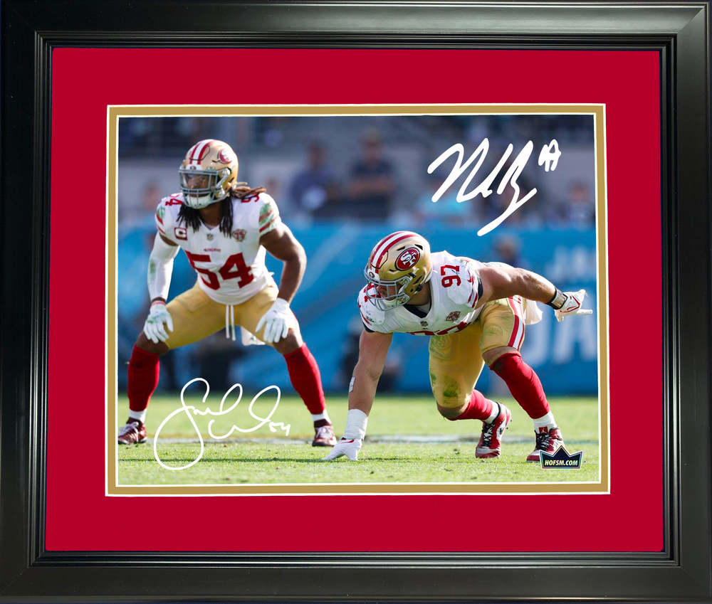 Framed Nick Bosa & Fred Warner San Francisco 49ers Dual Facsimile Laser Engraved Signature Auto 11"x14" Football Photo HOFSM Holo (ONLINE ORDER ONLY)