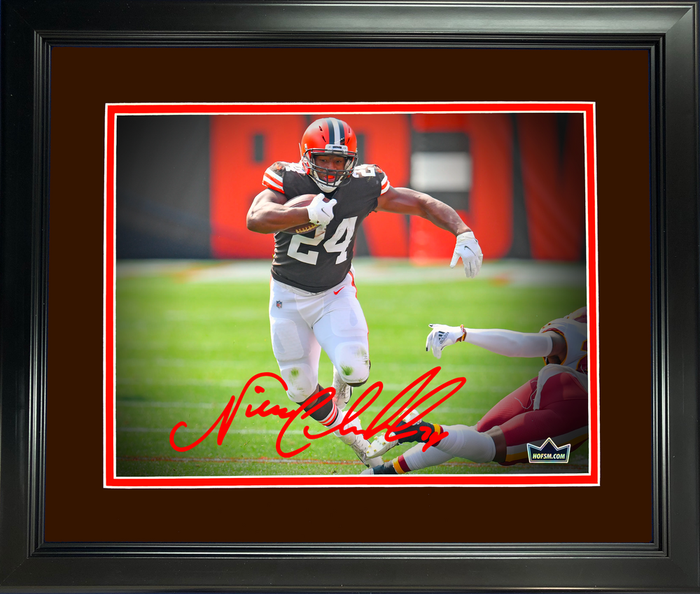 Framed Nick Chubb Facsimile Laser Engraved Signature Auto Cleveland Browns 11"x14" Football Photo HOFSM Holo (ONLINE ORDER ONLY)