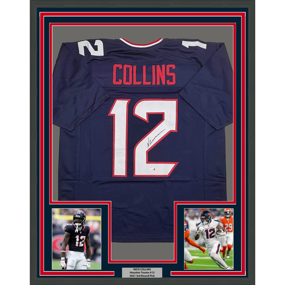 Framed Autographed/Signed Nico Collins 35x39 Houston Blue Current Football Jersey JSA COA