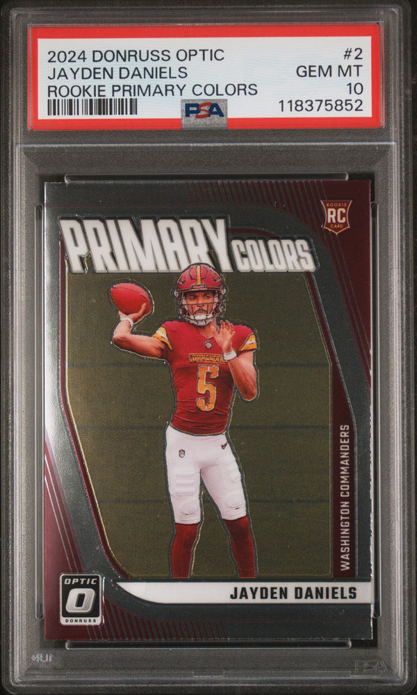 Graded 2024 Panini Donruss Optic Jayden Daniels #2 Primary Colors Rookie RC Football Card PSA 10 Gem Mint (ONLINE ORDER ONLY)