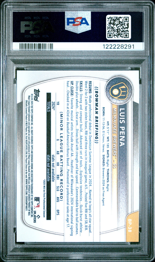 Graded 2025 Topps Bowman Luis Pena #BP38 Paper Prospects Rookie RC Baseball Card PSA 9 Mint (ONLINE ORDER ONLY)