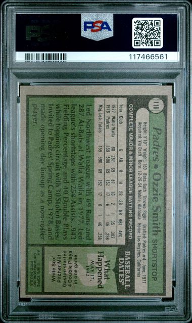 Graded 1979 Topps Ozzie Smith #116 Rookie RC Baseball Card PSA 8 Near Mint-Mint (ONLINE ORDER ONLY)