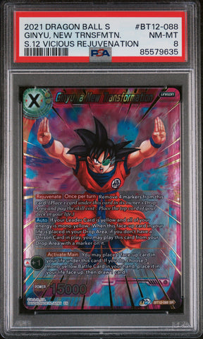 2021 DRAGON BALL SUPER VICIOUS REJUVENATION GINYU, NEW TRNSFMTN. #BT12-088 PSA 8 (Online Order Only)