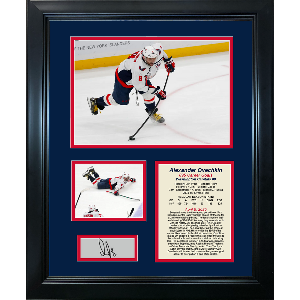 Framed Alexander Ovechkin 895 Career Goals Record Facsimile Laser Engraved Signature Auto Washington Capitals 11"x14" Hockey Photo Sig Collage (ONLINE ORDER ONLY)