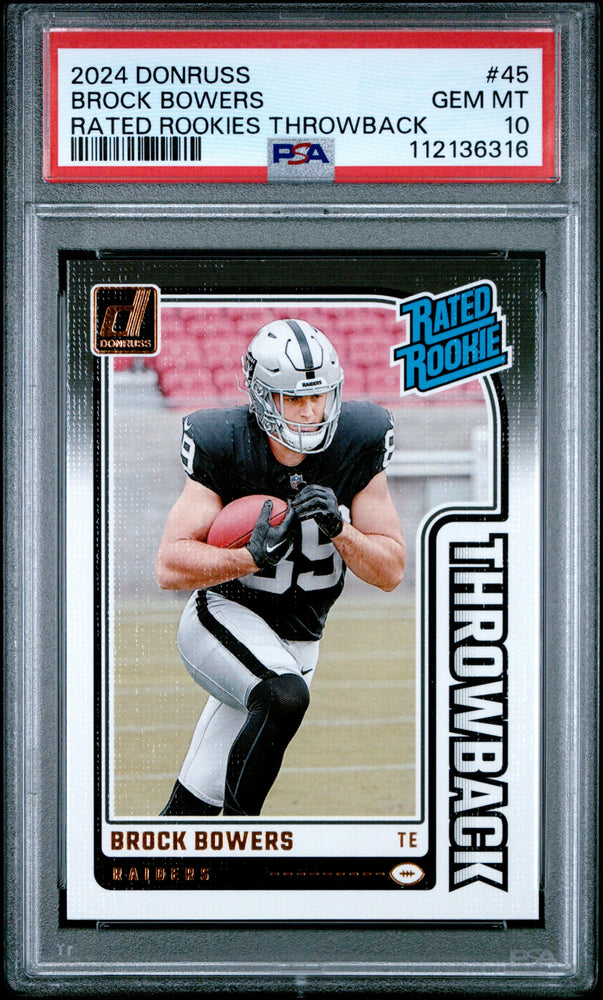 Graded 2024 Panini Donruss Brock Bowers #45 Rated Rookies Throwback Rookie RC Football Card PSA 10 Gem Mint (ONLINE ORDER ONLY)