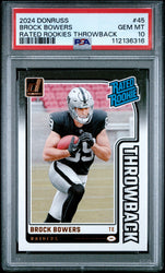 Graded 2024 Panini Donruss Brock Bowers #45 Rated Rookies Throwback Rookie RC Football Card PSA 10 Gem Mint (ONLINE ORDER ONLY)