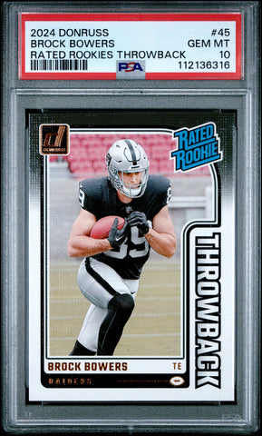 Graded 2024 Panini Donruss Brock Bowers #45 Rated Rookies Throwback Rookie RC Football Card PSA 10 Gem Mint (ONLINE ORDER ONLY)